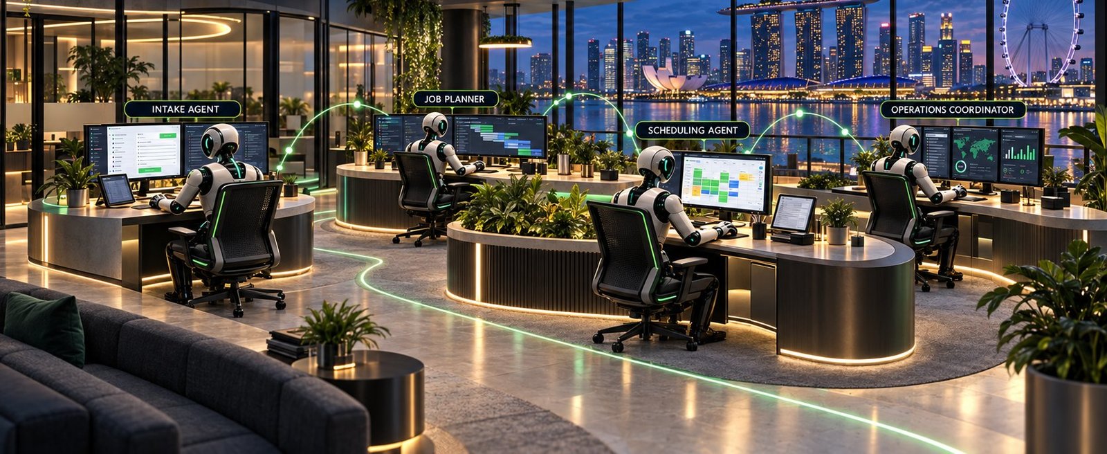 The Agentic Labs operations floor overlooking Marina Bay: specialist agents at their stations — intake, job planning, scheduling and operations coordination — passing work between them